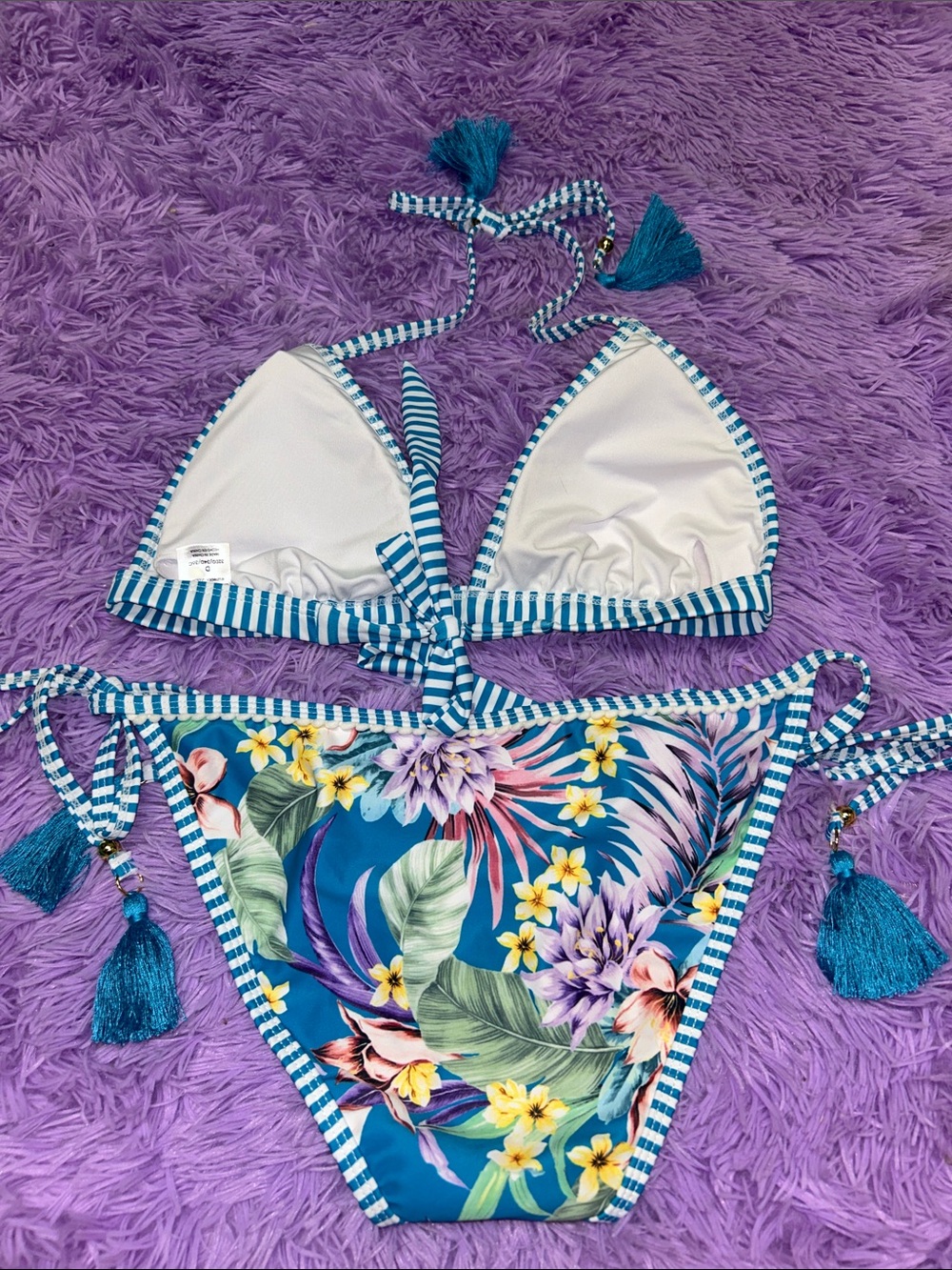 VENUS Teal Floral Stripe Tie-Side Bikini - Picture 3 of 3